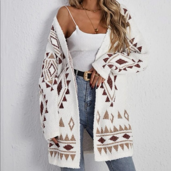 Sweaters - Boho Aztec Geo Knit Open Front Cardigan Sweater